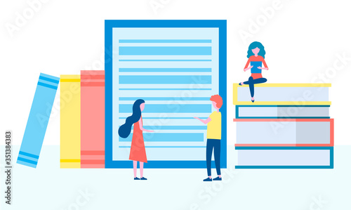 Online library, e-books, digital book store, e-reading, online learning, education concept. People group reading books, Vector illustration in flat design.