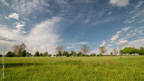 Time lapse with white clouds that line the blue sky over a meadow
