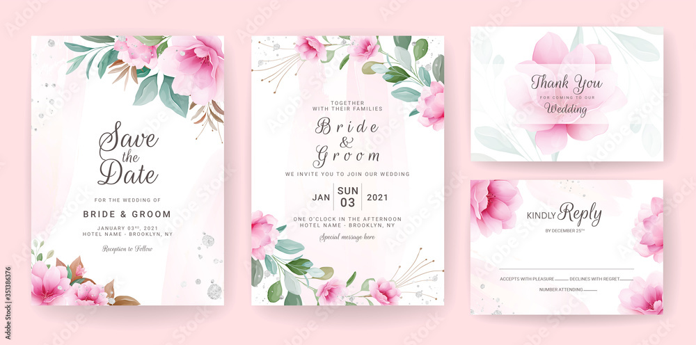 Fototapeta Floral background card. Wedding invitation template set with flowers & glitter decoration for save the date, greeting, poster, and cover design