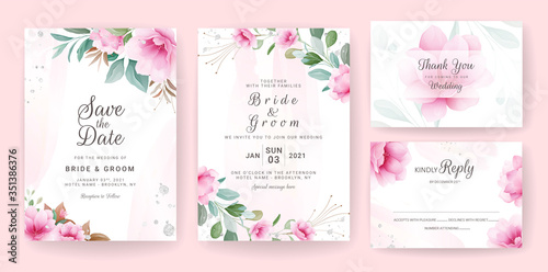 Floral background card. Wedding invitation template set with flowers & glitter decoration for save the date, greeting, poster, and cover design