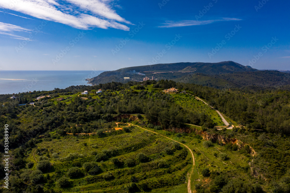 Setubal, Portugal - May 8, 2020 - Aerial view of Arrabida Mountain, near Setubal City. Nature area protection. Natural Park.