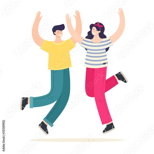 Young and joyful girl and guy in a jump. Vector illustration in cartoon flat style.