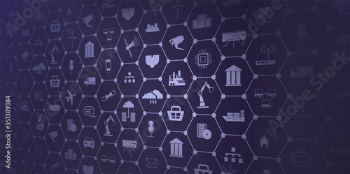 Concept of Industry 4.0. Automation, the flow of the icons, data exchange technology in production. Internet of things (IoT) networking concept for connected devices. Spider web of network connections