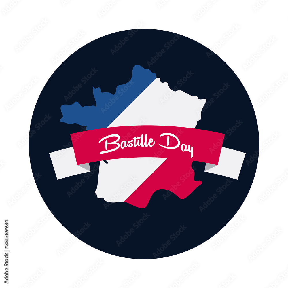 Bastille day ribbon with france map block and flat style icon vector design