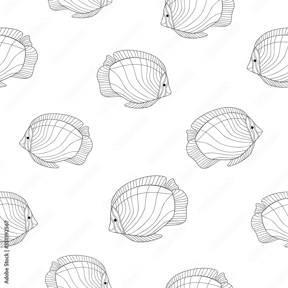 Hand drawn striped fishes on white background. Seamless tropical fauna pattern. Suitable for packaging, textile, coloring book.