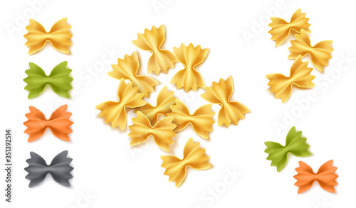 Vector realistic farfalle dry pasta spaghetti set