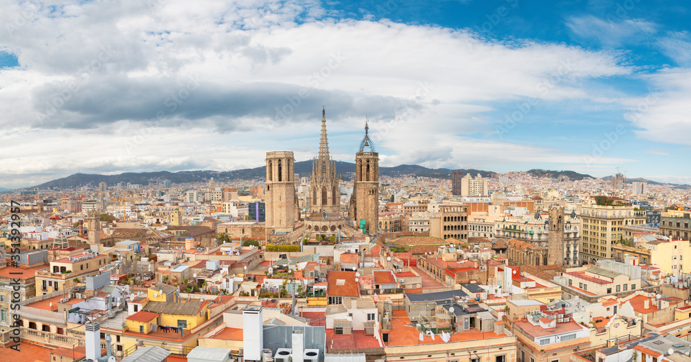 Barcelona - The panorma of the city with the old Cathedral in the centre.
