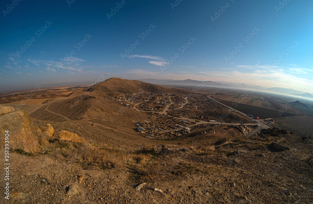 View of mountains in the Ararat valley at sunrise in Armenia