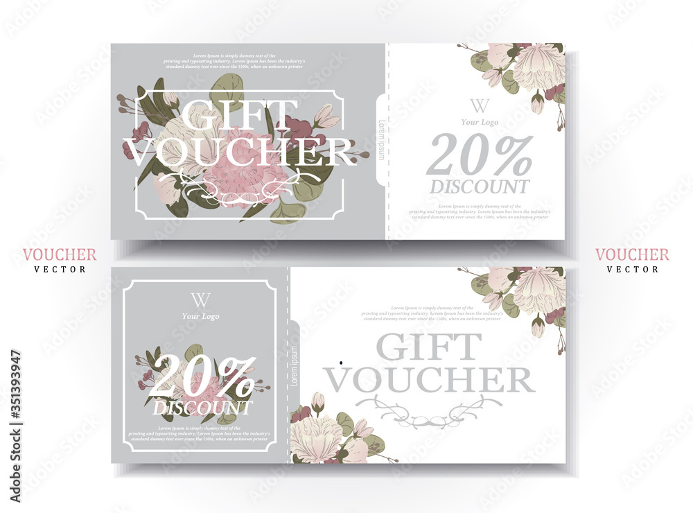 Set of drawing gift vouchers for flowers, gray, pink, white Cute, sweet, vintage style. Suitable for beauty place. Spa.salon.hotel. illustration/Vector