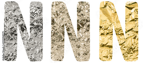 Isolated Font English or Latin Letter N made of crumpled titanium, silver, gold foil on white background