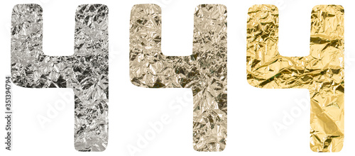 Isolated Font Russian Letter or arabic number 4 four made of crumpled titanium, silver, gold foil on white background