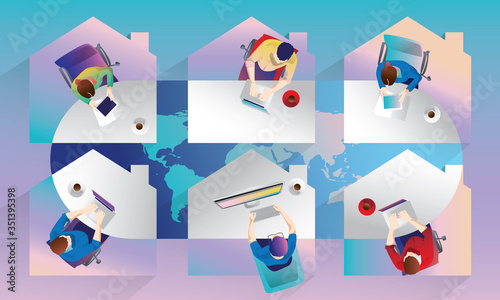 Work from home concept, Young people, businessmen, and women freelancers working on laptops at home. People at home in quarantine. Staying at home, Teamwork remote, vector illustration, Flat Design