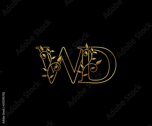 Classy Gold Line letter W, D and WD Vintage decorative ornament emblem badge, wedding logo, classy letter logo icon.