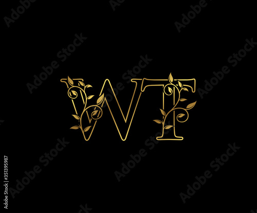 Classy Gold Line letter W, T and WT Vintage decorative ornament emblem badge, wedding logo, classy letter logo icon. © bintank
