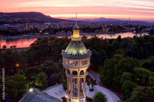 Budapest at night from above. It's the most famous water tower in Hungary. Its standing on the Margaret Island.