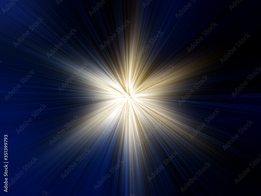 Abstract surface of a radial zoom blur of yellow and white tones on a blue background. Abstract background with radial, radiating, converging lines.                                   