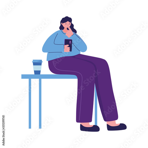 Woman sit on table with smartphone chatting vector design