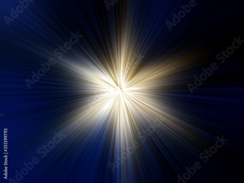 Abstract surface of a radial zoom blur of yellow and white tones on a blue background. Abstract background with radial, radiating, converging lines. 