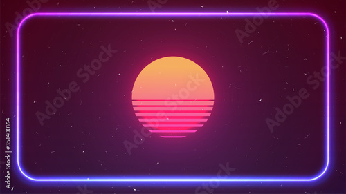 Cyberpunk neon background. Retro 80 s Sun. Pink blue light on dark backdrop. Rounded neon rectangle. Copy space. Vaporwave style. Retro future party flyer template. Stock vector illustration