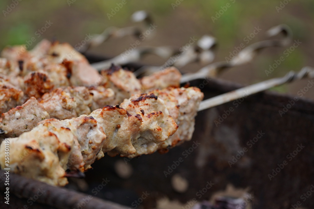Close up of toasted shashlik on skewers. Succulent barbecue roasting on chargrill. Concept of picnic outdoor.