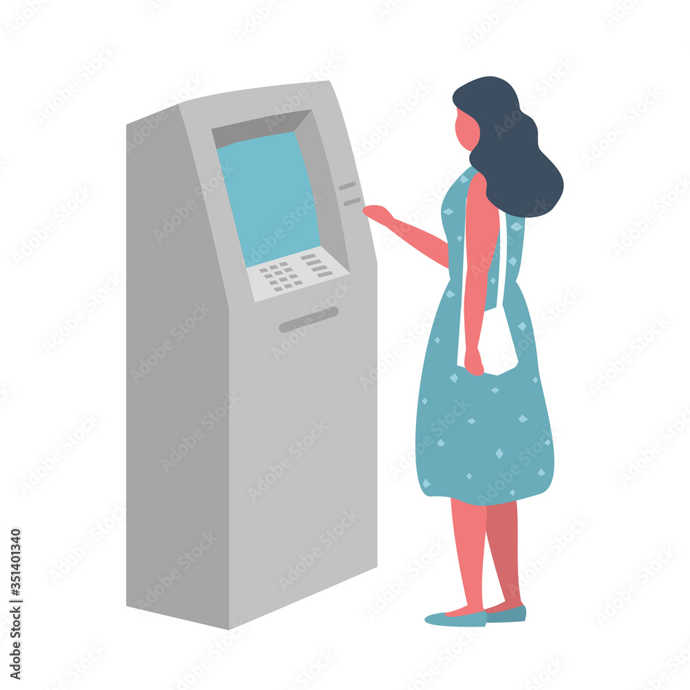 Woman withdraws money from an ATM. Young woman uses terminal. Vector illustration in flat style. Woman withdraws money from an ATM. Young woman uses terminal. Vector illustration in flat style.