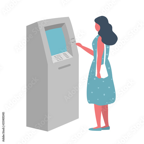 Woman withdraws money from an ATM. Young woman uses terminal. Vector illustration in flat style.