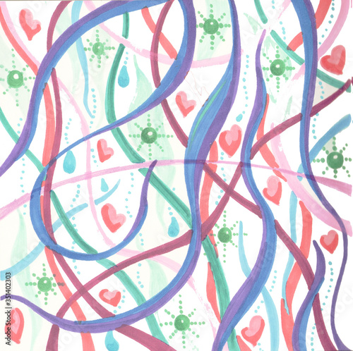 multicolored lines and ribbons with hearts and lights background