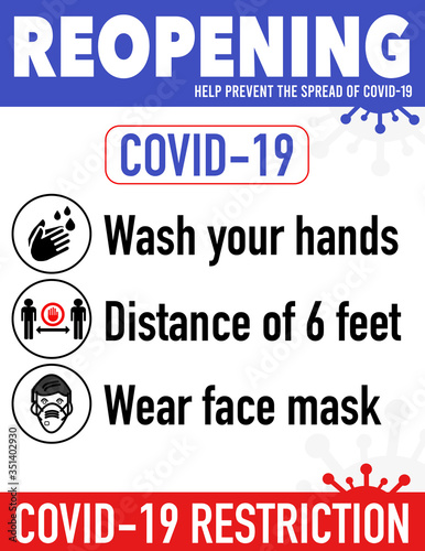Reopening safe poster prevention of COVID19 coronavirus practical prevention tips poster print for restaurant, shop, cafe and more. Re-opening after quarantine. photo