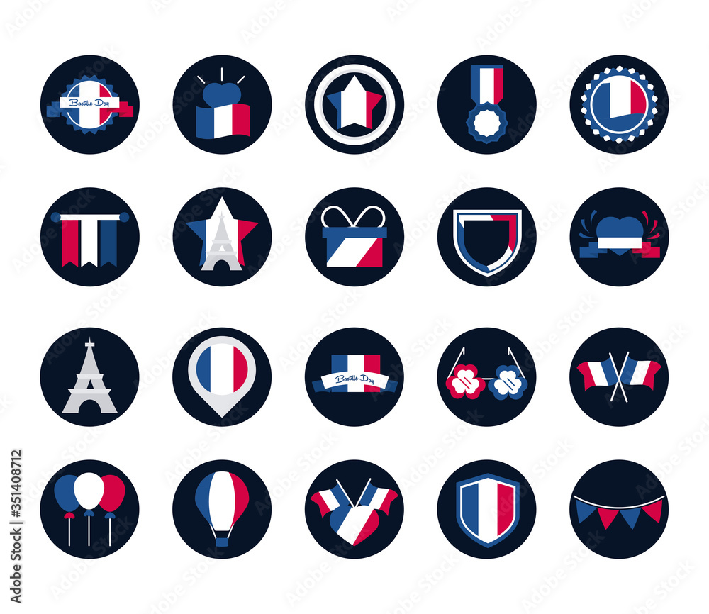 France and bastille day block and flat style icon set vector design