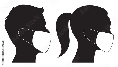 Side view of a couple wearing face mask covering their mouth against virus contamination in silhouette design.