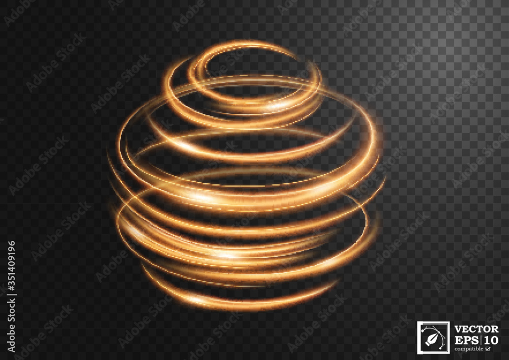 Abstract gold swirl line of light with a transparent background, isolated and easy to edit