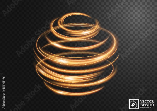 Abstract gold swirl line of light with a transparent background, isolated and easy to edit