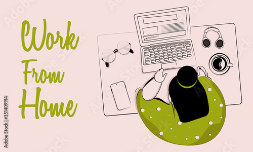 Work From Home line art vector illustration top view design concept. A woman doing work at home on her laptop at her home with full of dedication. Freelancing work, online classes, education, study.