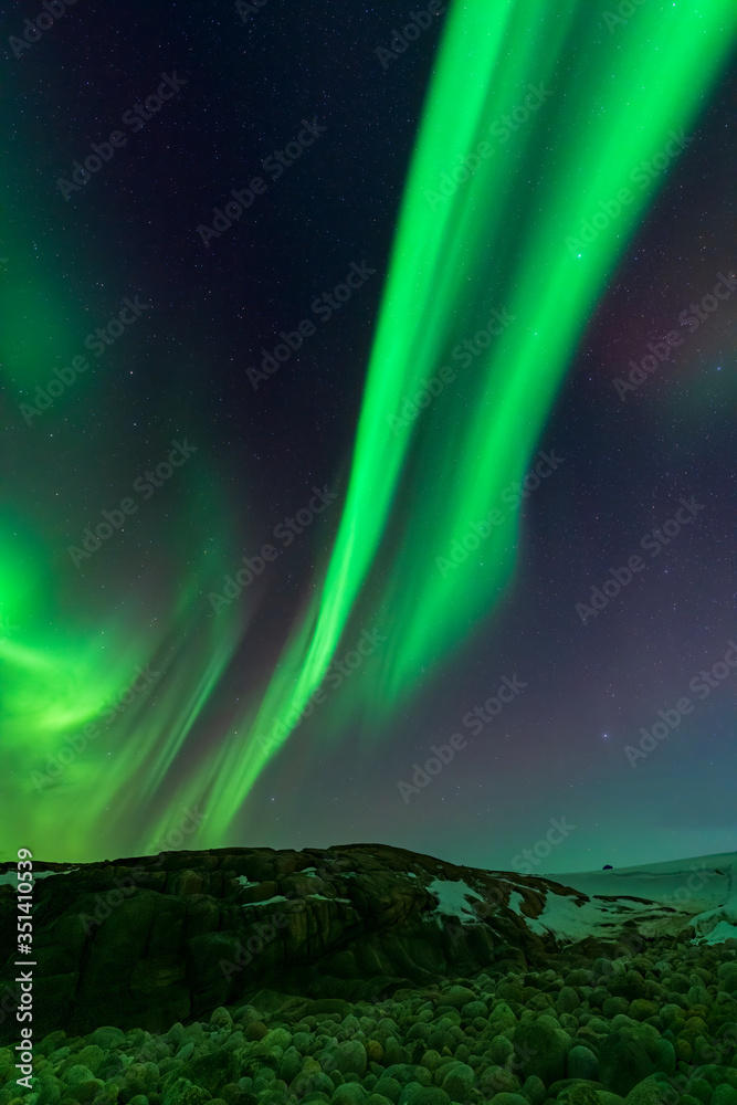 Aurora borealis, northern lights in the north of norway above snowy hills