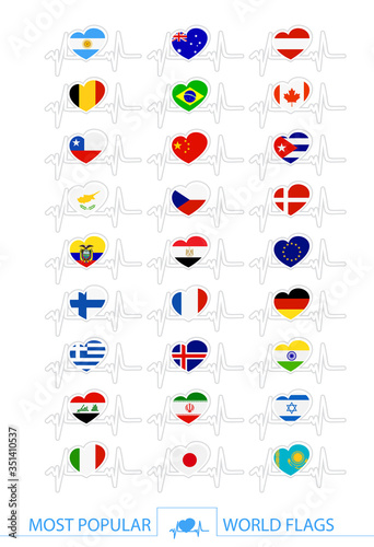 Popular world flags heart shaped isolated on white