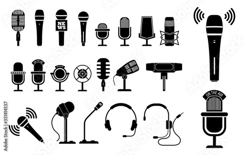 Fotografia set of microphone icon or mic standing at podium or classic mic concept