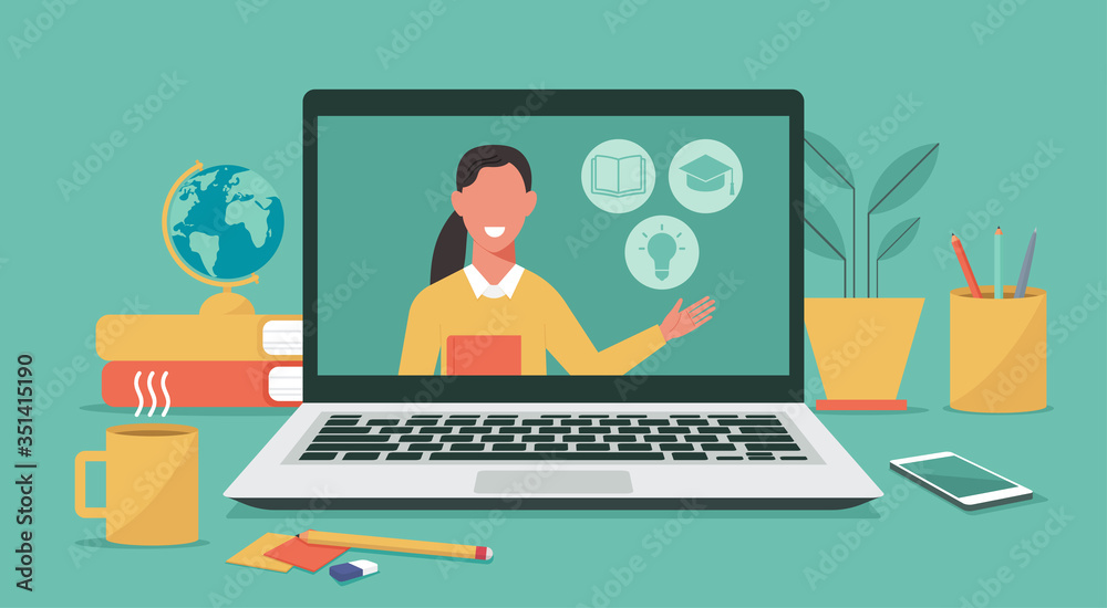 Distance learning or online education concept, teacher on computer laptop monitor, E-learning platform, new normal, vector flat illustration Distance learning or online education concept, teacher on computer laptop monitor, E-learning platform, new normal, vector flat illustration