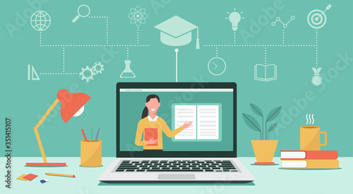Online education or distance learning concept, teacher on laptop computer monitor, E-learning platform, new normal, vector flat illustration