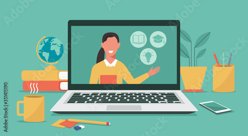 Distance learning or online education concept, teacher on computer laptop monitor, E-learning platform, new normal, vector flat illustration