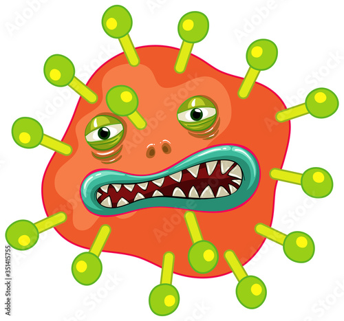 Single virus cell with scary face on white background