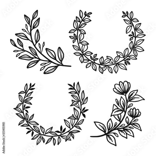 Set of hand drawn summer flower wreaths and floral frames isolated on white background for greeting card or wedding invitation