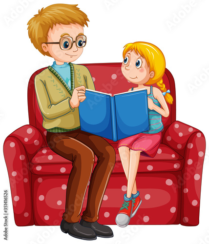 Dad and his daughter are sitting sofa and reading book together