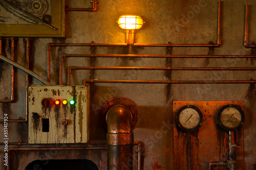 yellow bulkhead light. ship deck lamp. industrial background