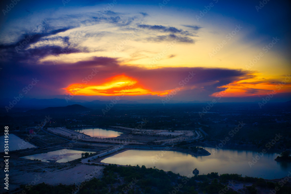 This unique photo shows the hilly landscape with lakes, from hua to thailand, taken with a drone during a fantastic sunset! This unique photo shows the hilly landscape with lakes, from hua to thailand, taken with a drone during a fantastic sunset!