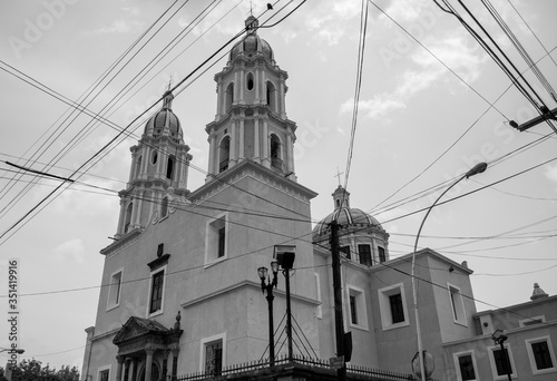 Black and white photograph of a Temple, and many street cables  in Tepatitlan de Morelos, Jalisco  photo