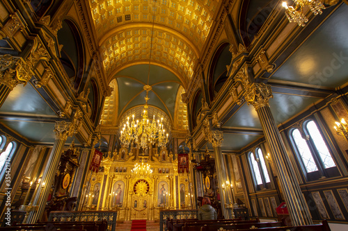 Sveti Stephen Church-Iron Church (Turkish: Demir Kilise) interior wide angle view is a Bulgarian Orthodox church made of prefabricated cast iron elements in neo gothic style in Balat, Istanbul, Turkey