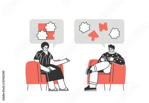 Clients and psychologists. Supporting mental health. Concept of social psychiatry, therapist and patient. Treatment of stress, addictions and mental problems. Vector illustration