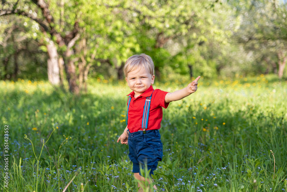 smart little boy walks in the park among the trees smart little boy walks in the park among the trees