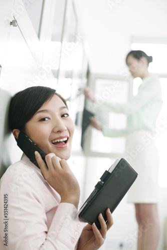 Businesswoman talking on the phone, colleague searching for files in the background