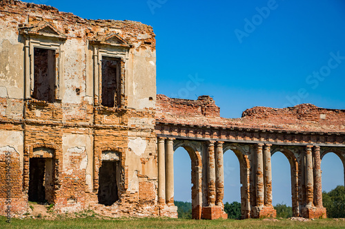The ruins of a medieval castle in Ruzhany. View of the old palace complex with columns. Brest region, Belarus.